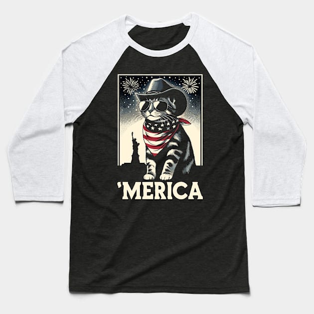 USA Flag Cat 4th of July Funny Patriotic Baseball T-Shirt by KsuAnn